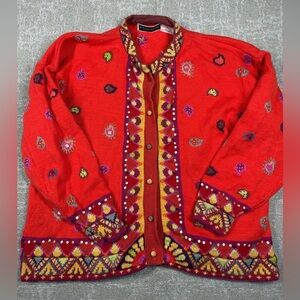 Vintage Christine Foley Colorful Button Down Heavy Cotton Boho Cardigan Size 3